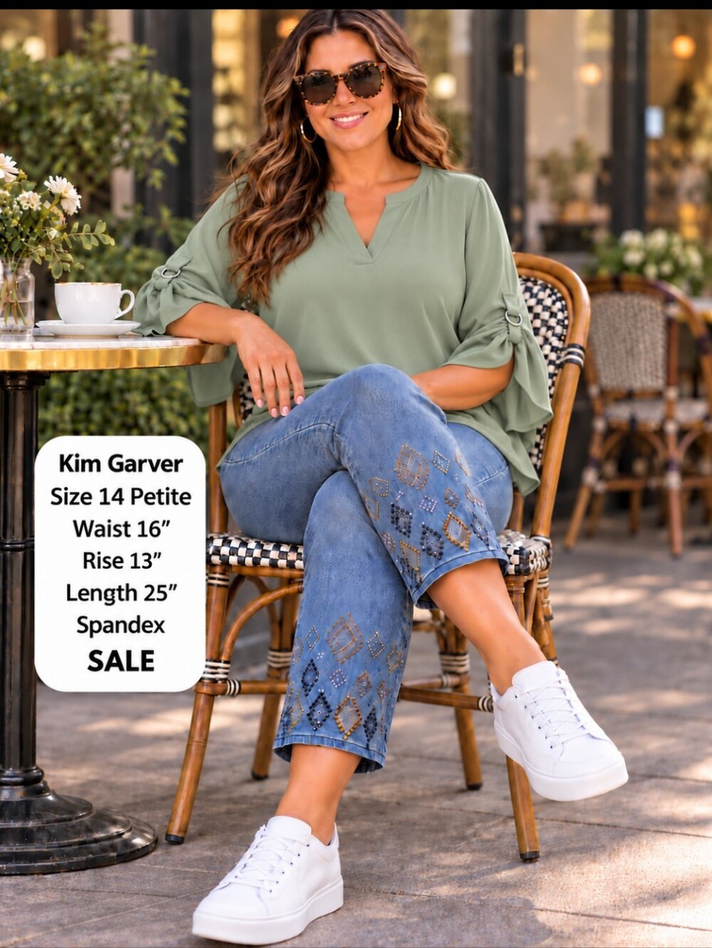 Belle by Kim Gravel Light Blue Cropped Embellished Jeans Blouse available XL